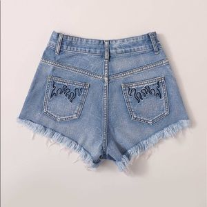 Fire Embroidery Raw Hem Denim Shorts